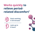 Value image for HerWellness Rapid Period Relief showing it starts working in 30 minutes and offers fast relief that lasts up to 6 hours for period-related discomfort.
