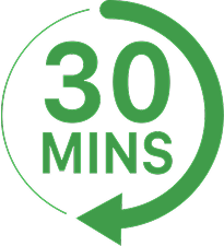 Circular icon with the text "30 MINS" and a backward arrow, illustrating that UltraFlora® advanced probiotics begin releasing good bacteria within 30 minutes to support timely gut relief.