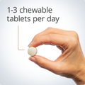 Hand holding a single tablet, highlighting a recommended dosage of 1-3 tablets per day for optimal bone health support.