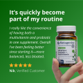 Customer testimonial from Nik about UltraFlora® Probiotic + Multivitamin, praising the convenience of combining a multivitamin and probiotic in one daily supplement. The bottle is held against a green background, with a 5-star review.