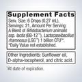 Supplement facts label for Metagenics UltraFlora® Baby Probiotic, showing detailed ingredients and daily nutrition.