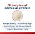 Magnesium glycinate shown in white granular form, labeled as a gentle, highly absorbable magnesium supplement.