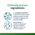 Infographic of clinically proven ingredients in UltraFlora® Balance Probiotic featuring L. acidophilus NCFM® and B. lactis Bi-07®, two probiotic strains that support digestive function, gut barrier integrity, and immune response.