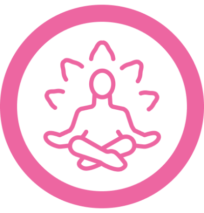 A pink circle encloses an icon of a person sitting cross-legged in a meditative pose, with lines radiating from the head to symbolize balance and well-being. This icon represents HerWellness™ supplements supporting women’s health through every chapter of life.