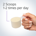 Hand holding a single scoop of Metagenics UltraMeal Adanced Protien® - French Vanilla Flavor