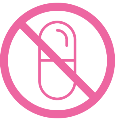A pink circle with a diagonal line crossing out a pill capsule, symbolizing drug-free support. This icon represents HerWellness™ supplements’ commitment to natural, drug-free hormone balance.
