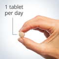 Woman’s hand holding a single Metagenics Hemagenics® tablet. 