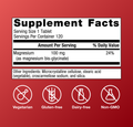 Supplement facts panel for Metagenics Magnesium Glycinate 120 tablet bottle with 100 mg magnesium per tablet and dietary claims.
