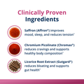 Ingredients image featuring clinically studied ingredients in HerWellness Naturally Balanced: Saffron (Affron®) for mood and sleep, Chromium Picolinate (Chromax®) for cravings and body composition, and Licorice Root Extract (Gutgard®) for bloating and gut