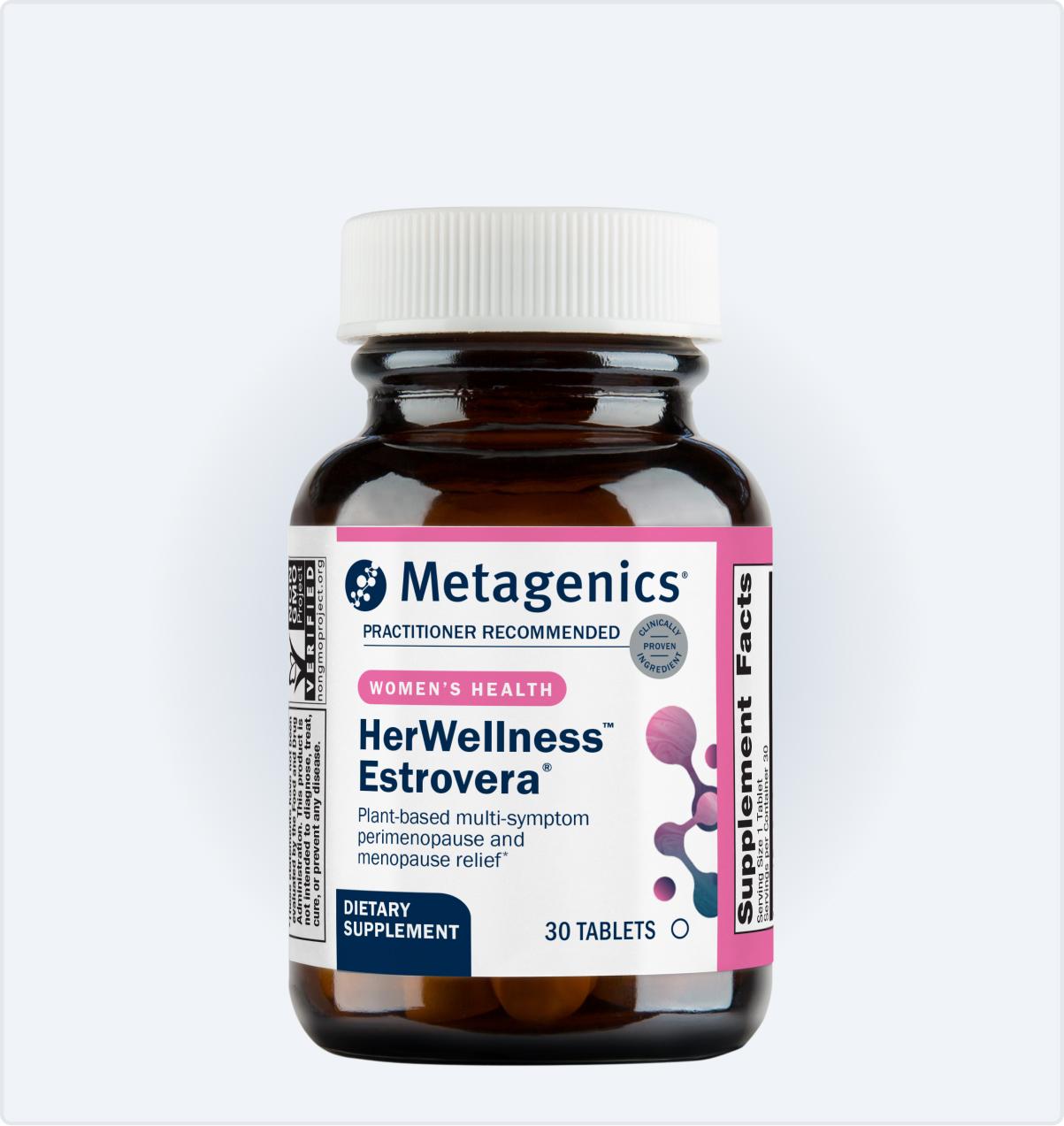 Metagenics HerWellness Estrovera bottle shown on the Black Friday page, offering plant-based relief for menopausal symptoms, available for a limited time at 25% off.