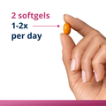 Dosage image for HerWellness Rapid Period Relief showing a hand holding one softgel, with guidance to take 2 softgels 1–2 times per day for period relief.