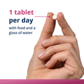 Dosage image showing a hand holding one small tablet of HerWellness Estrovera, with text indicating the recommended use: 1 tablet per day with food and a glass of water.