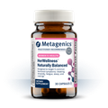 Bottle image of HerWellness Naturally Balanced, a women's health supplement designed to target 5 common hormonal symptoms: bloating, irritability, fatigue, sleep issues, and cravings.