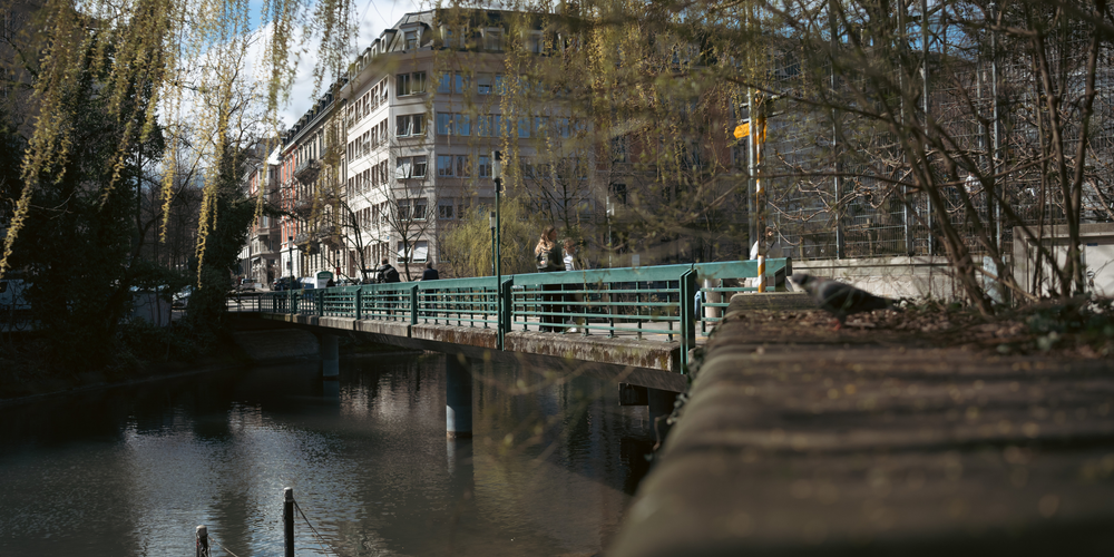 Eine Brücke führt über einen kleinen Fluss, der von Bäumen und Stadthäusern umgeben ist.