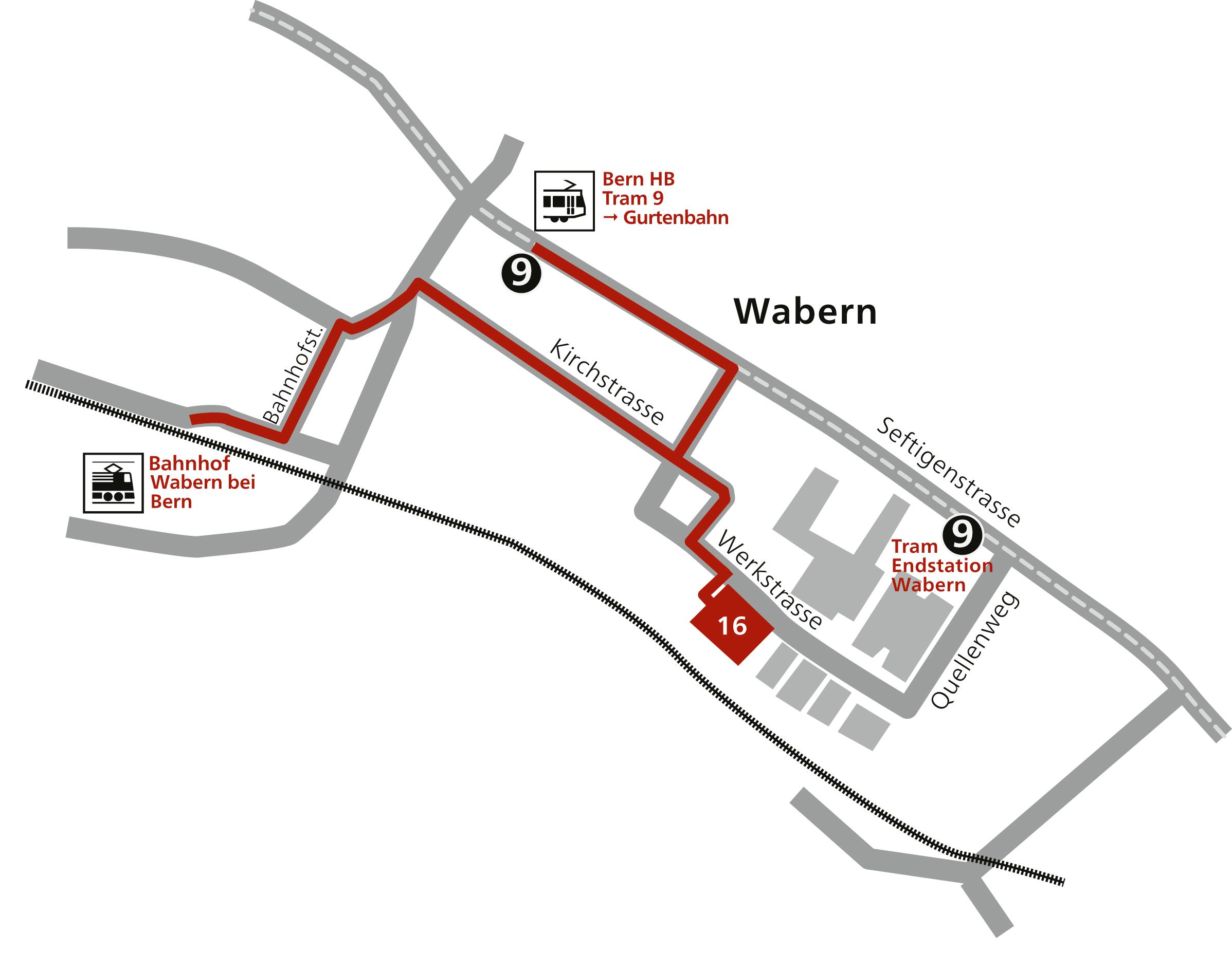 Une carte dessinée indiquant où se trouve le service ambulatoire à Wabern depuis la gare.