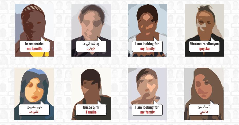 Eine Grafik mit gemalten Porträtbildern, unter welchen jeweils eine Sprechblase in verschiedenen Sprachen "Ich suche meine Familie" steht.