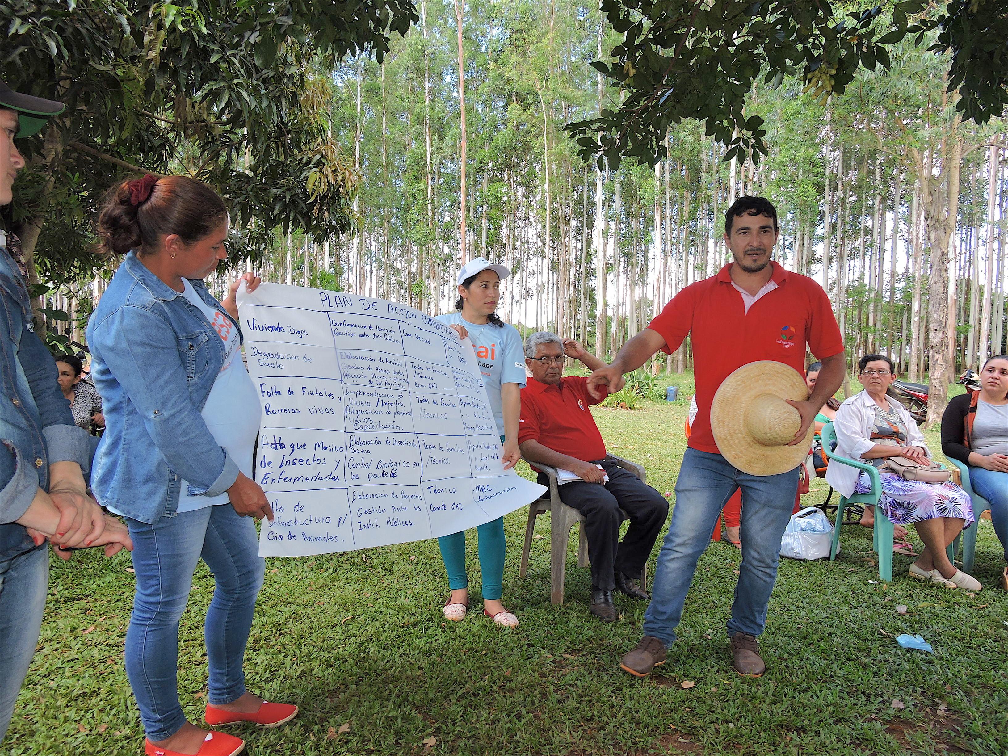 Ein Mann und zwei Frauen stehen in einem Park. Sie halten ein beschriftetes Plakat hoch und erklären der Gemeinde den Inhalt.