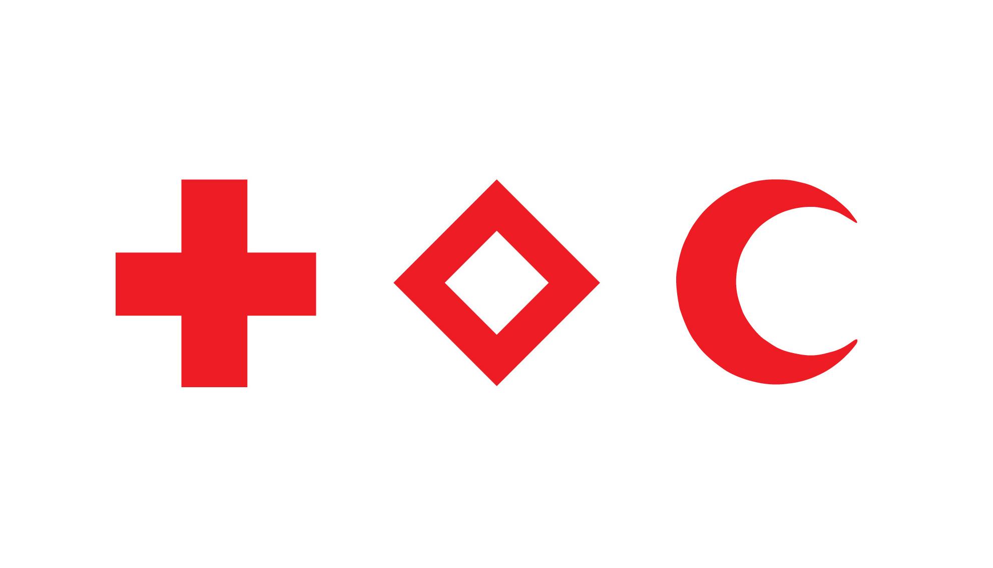Graphisme avec les trois emblèmes de la Croix-Rouge, du Cristal-Rouge et du Croissant-Rouge