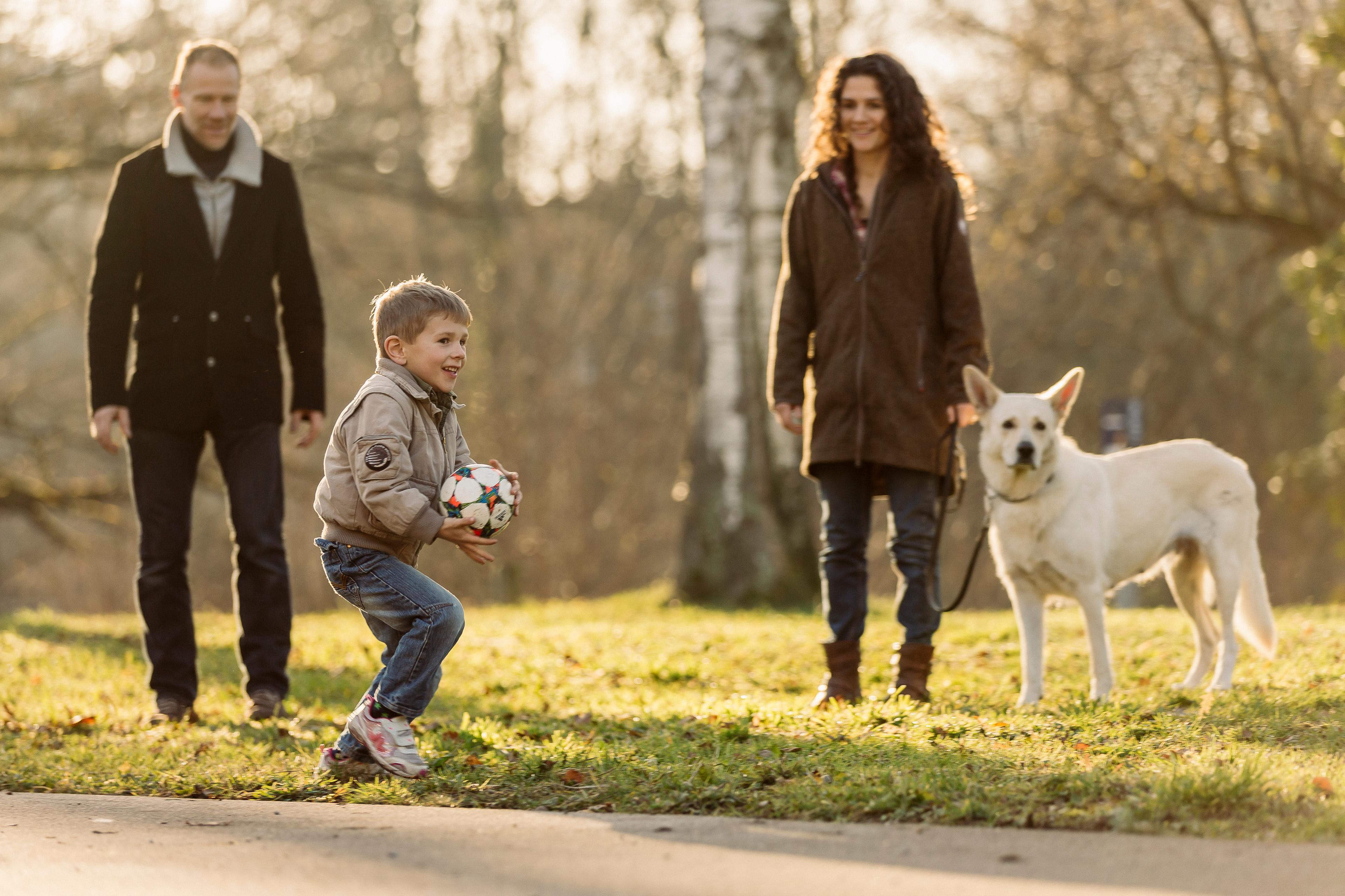 Un couple de parents avec leur fils et leur chien dans un parc. Le garçon porte un ballon de foot.
