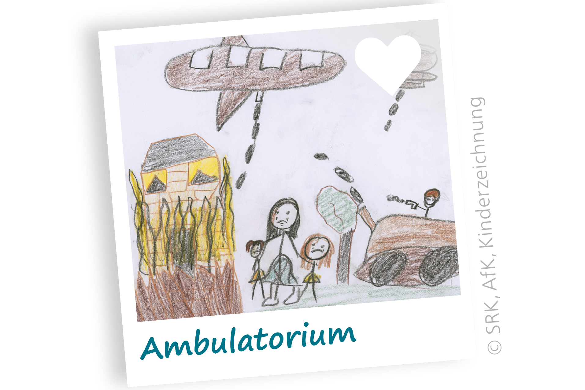 Die Zeichnung eines Kindes zeigt das brennende Familienhaus, das von Panzer und Flugzeug beschossen wird. Das Kind wurde im Ambulatorium SRK betreut. Die Patenschaft für Folter- und Kriegsopfer unterstützt das Ambulatorium.