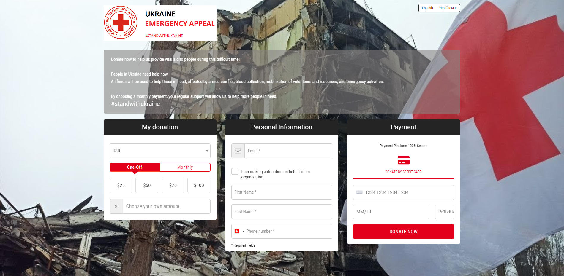 This image shows the browser view of a web page. In the background is a destroyed building, in the foreground are several forms asking for donation, personal information and payment method. 