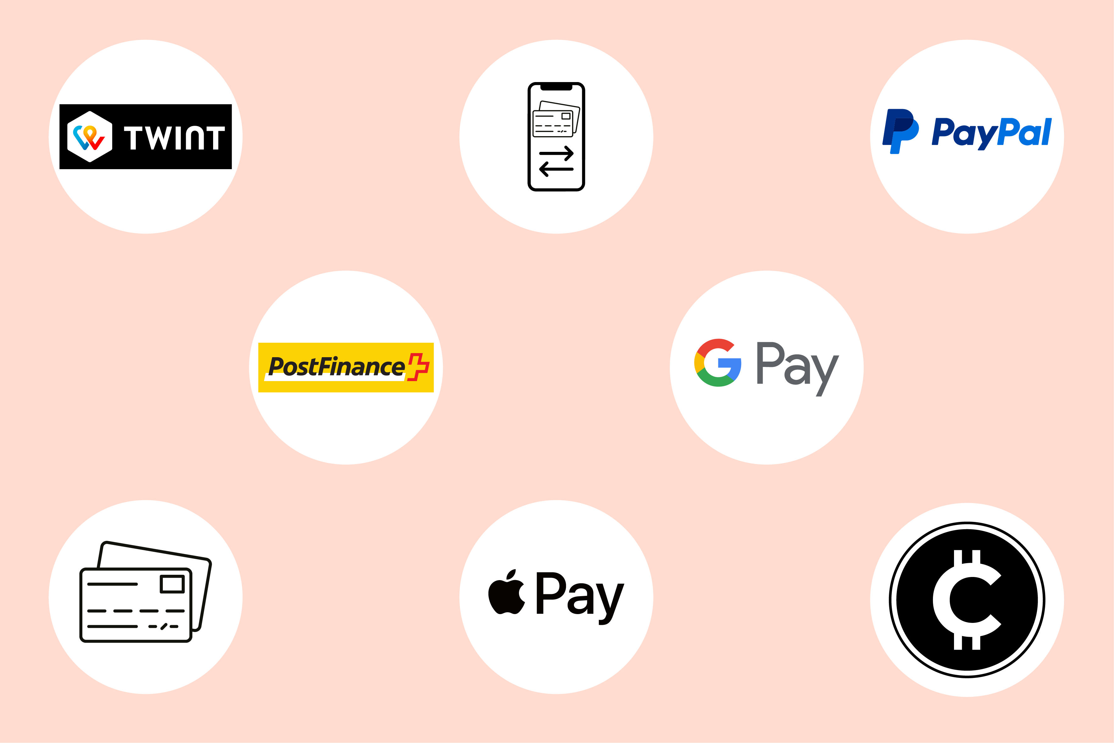 Carte de crédit 

Virement bancaire 

PostFinance 

Twint 

Prélèvement automatique (par recouvrement direct, par ordre permanent) 

PayPal 

Google Pay  

Apple Pay 

Crypto