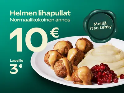 HelmiSimpukan lihapulla-annos vihreää taustaa vasten. Kuvassa hinta 10€ ja lasten annos 3€.