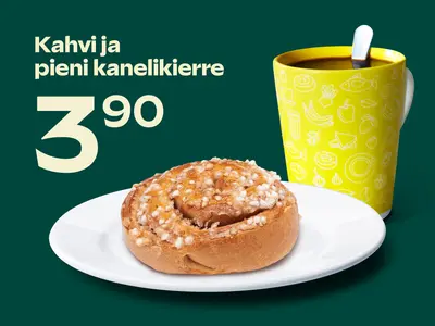 Kahvi ja pieni kanelikierre yhteishintaan 3,90 €