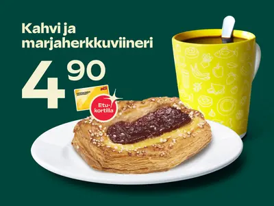 Kahvi ja marjaherkkuviineri edullisemmin etukortilla hintaan 4,90 €