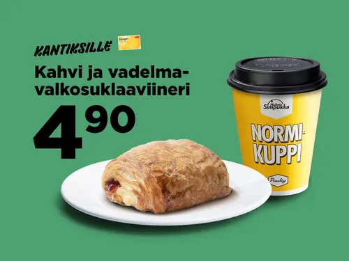 HelmiSimpukan kahvi ja vadelma-valkosuklaaviineri kanta-asiakkaille yhteensä 4,90€.