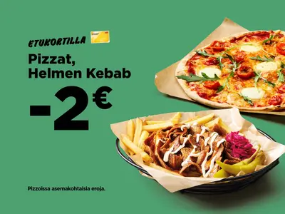 HelmiSimpukan kanta-asiakkaille pitsoista ja kebabeista kahden euron alennus.