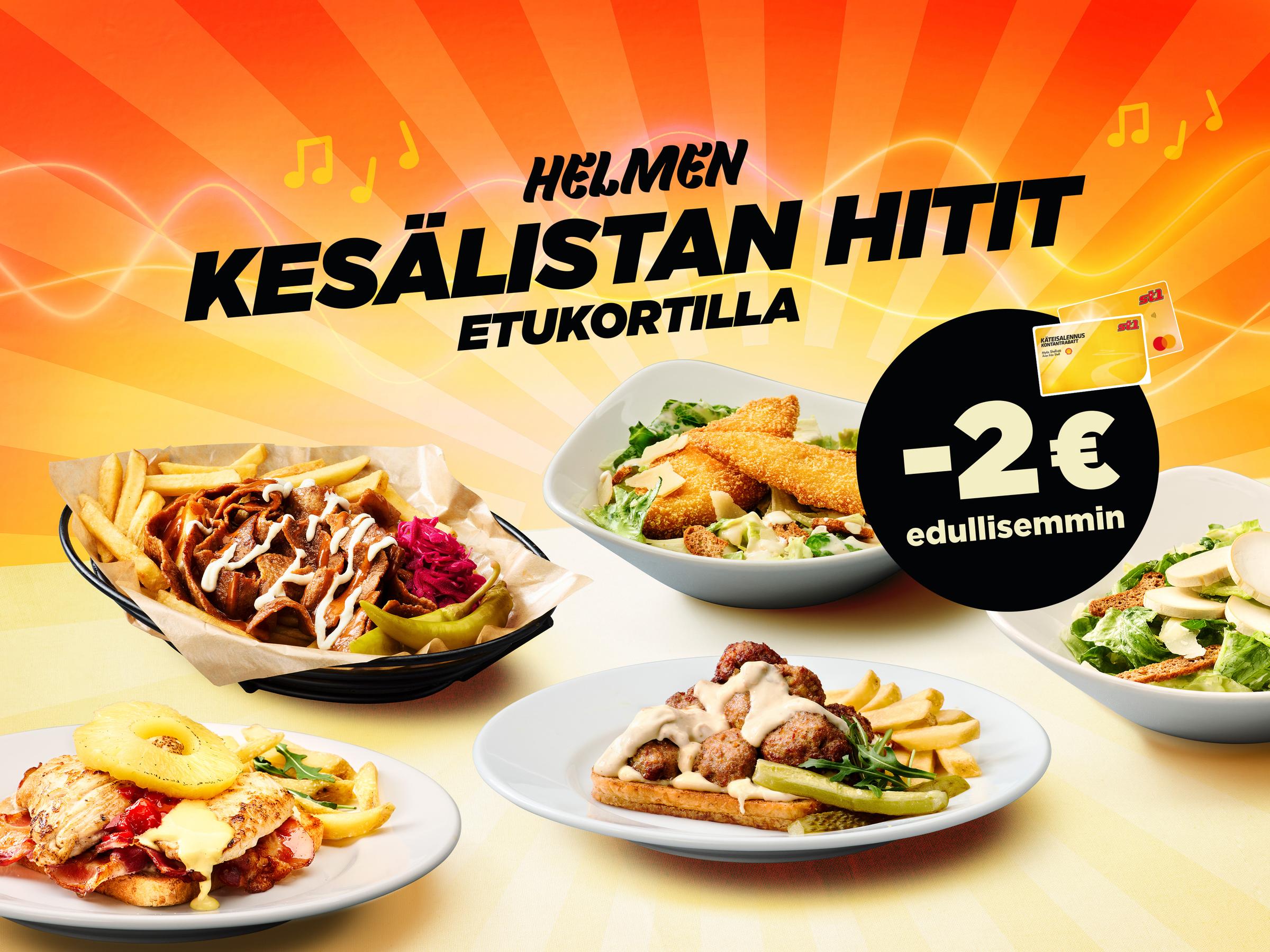 HelmiSimpukan kesälistan annoksista kahden euron alennus kanta-asiakkaille.
