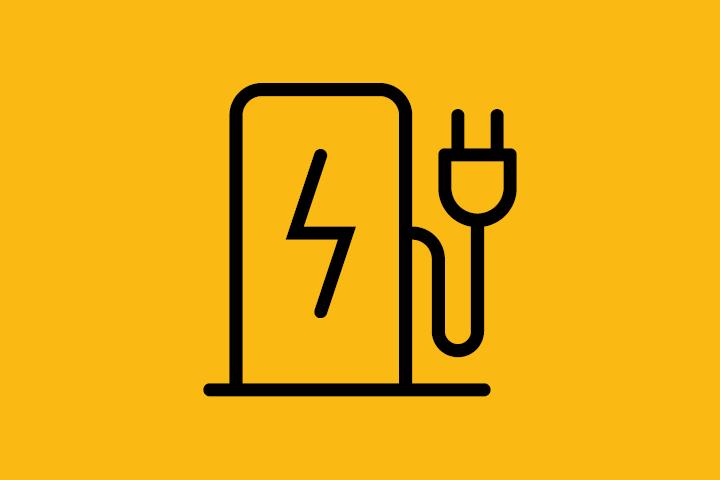 Graafinen kuva, jossa sähköauton latauspiste keltaisella taustalla