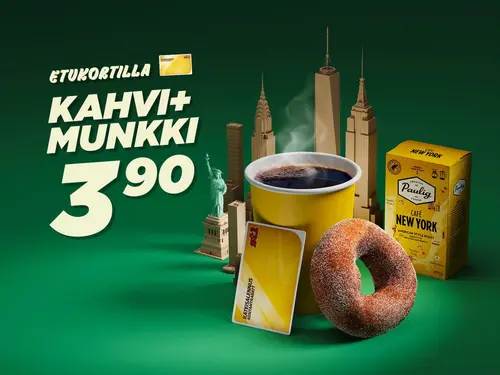 HelmiSimpukan kahvi ja talon munkki kanta-asiakkaille yhteensä 3,90€.